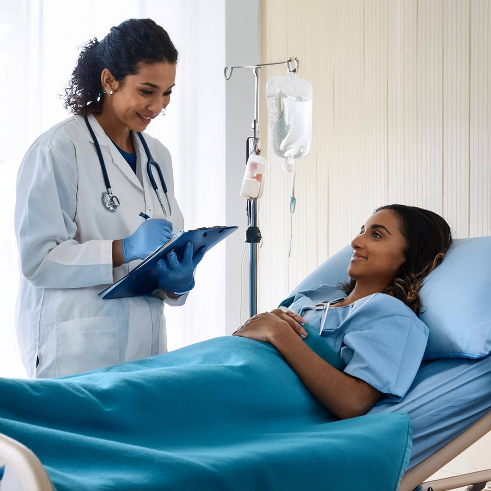 Firefly patient and doctor in a hospital with iv drip; selective focus