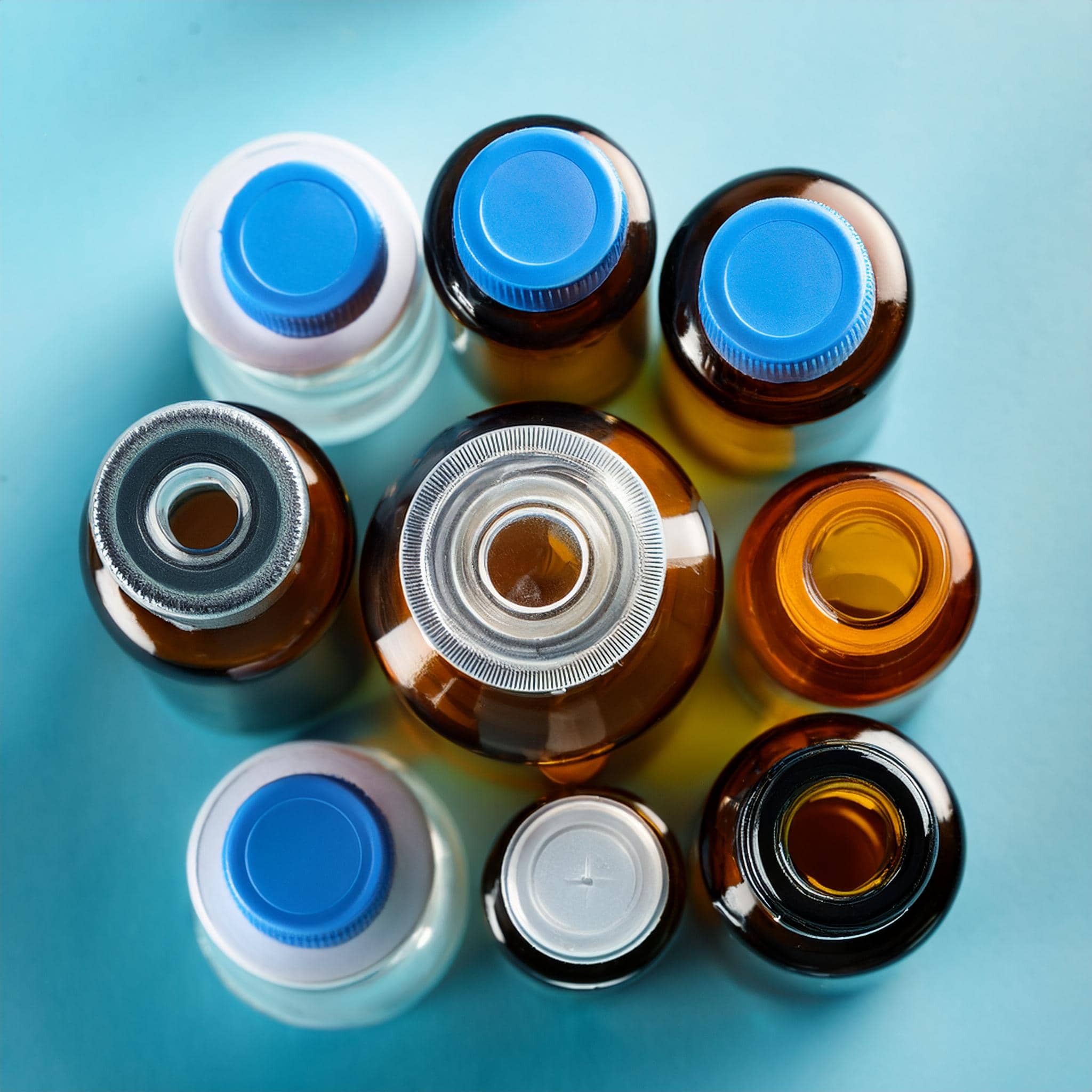 Firefly pharmaceutical bottles in the laboratory; top view 65965