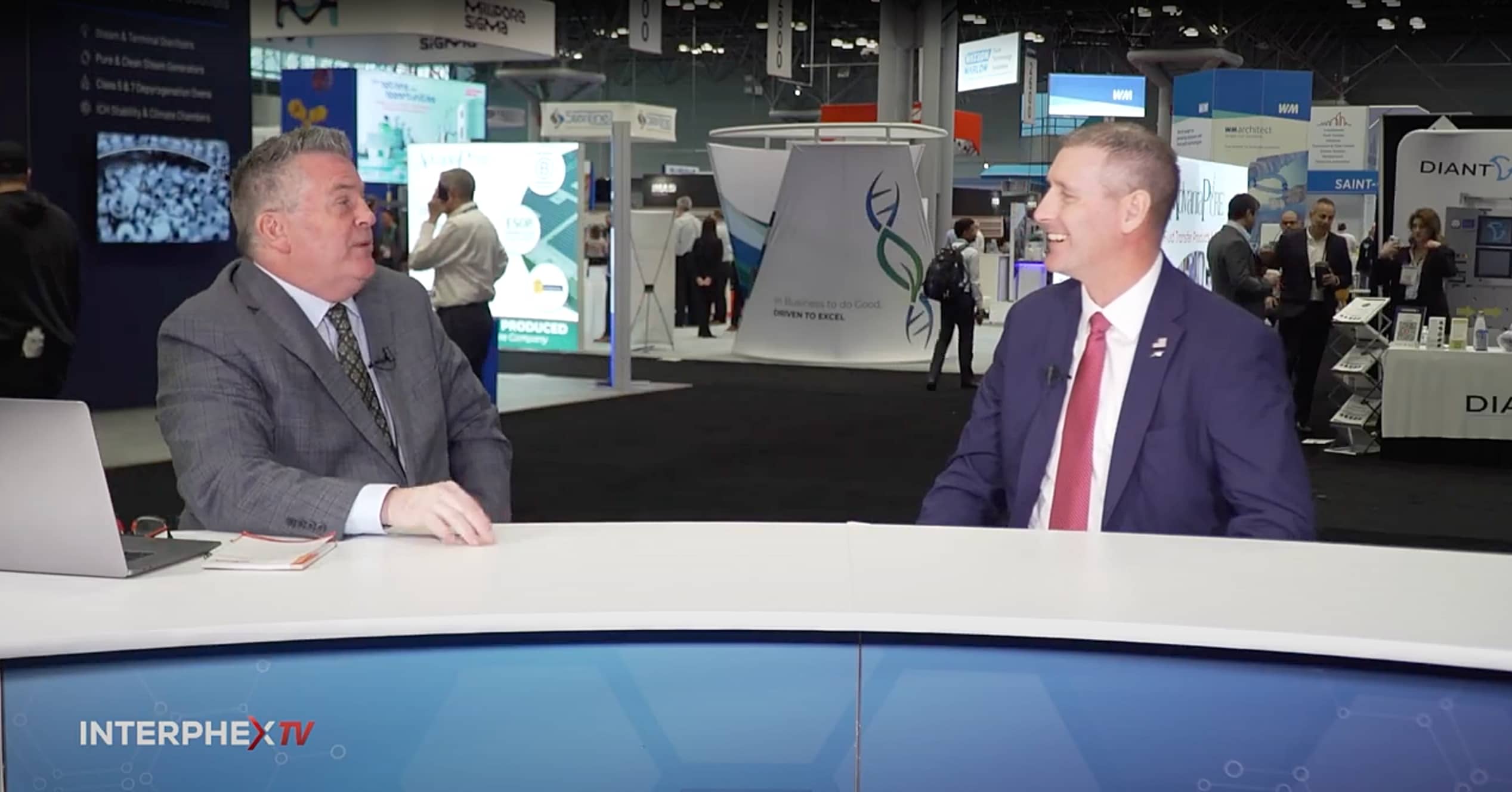 Picture of Josh Russell, VP of Technical Sales at AST, being interviewed at INTERPHEX 2025 regarding aseptic processing insights